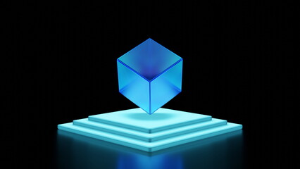 Poster - Abstract blue glowing cube on a platform on a black background. Transparent cube with reflective walls. 3d render