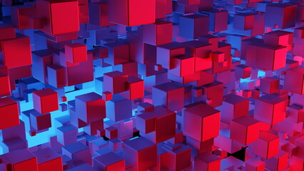 Poster - Illuminated cubes with blue red light on a platform on a black background. A lot of cubes with reflective walls. 3d render