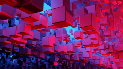 Poster - Illuminated cubes with blue red light on a platform on a black background. A lot of cubes with reflective walls. 3d render