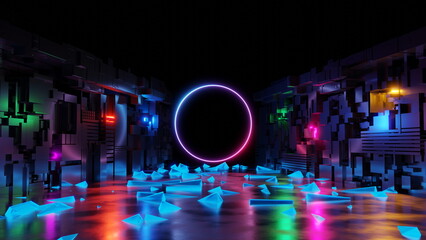 Poster - Abstract red blue neon background. Glowing linear volumetric neon round circle in the middle of the city street, under the starry night sky. Digital futuristic wallpaper. 3d render