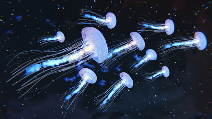 Poster - glowing jellyfish swim deep in blue sea. medusa neon jellyfish fantasy in space cosmos among stars. 
