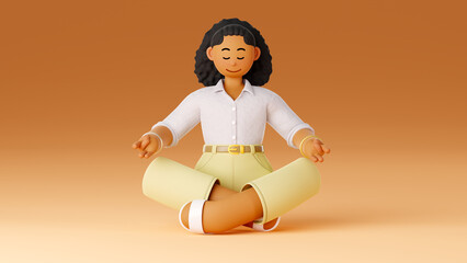 3d character illustration of a young black office worker woman sitting cross-legged, her hands side by side on her lap, closing her eyes and taking a deep breath to rest in meditation