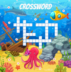 Aufkleber - Crossword quiz game, sea animals, submarine and underwater landscape. Vector word search puzzle worksheet grid. Educational kids brainteaser, cognitive task for children with cartoon undersea world
