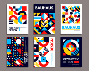 Aufkleber - Abstract geometric bauhaus posters, modern background pattern with minimal shapes. Vector trendy art layout templates with bold typography and circle, triangle, dot, line and square colorful elements