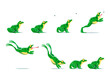 Cartoon frog jump sequence motion sprite sheet. Vector hoptoad full cycle leap in action captures energetic movement from the toad initial crouch to high-flying jump and graceful landing chasing a fly