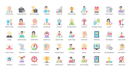 Poster - Leadership Flat Icons Business Management Leader Icon Set in Color Style 50 Vector Icons