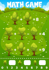 Poster - Math game worksheet. Cartoon forest trees. Kids mathematical puzzle, children educational vector game or child math playing activity worksheet with fantasy trees on forest meadow