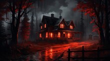 Haunted House In The Woods, Murder Mystery Story With A Dark House At Night, The Windows Have A Red Glow To Them And The Creepy Darkness Extends To A Street And A Forest, Wallpaper