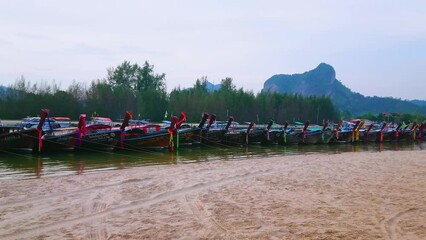 Sticker - Ao Nang beach with moored longtail boats, Krabi, Thailand