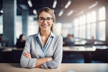 A confident Western woman wearing a formal dress stands with her arms folded on the table, looking directly at the camera in a modern office environment. generative AI.