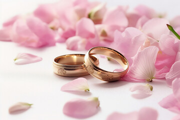 wedding rings and pink flowers, created by a neural network, Generative AI technology