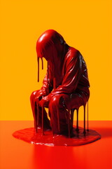 melting red person sitting with orange paint drips isolated on yellow, representing sadness, alone, isolation, made with generative ai