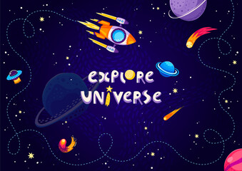 Aufkleber - Cartoon space background, spaceship and stars. Vector cosmic landscape, rocket investigation. design for kids with flying shuttle and creative childish typography explore Universe in dark starry sky