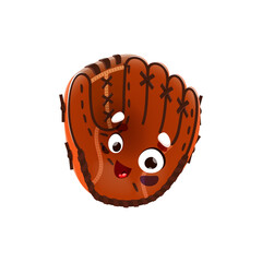 Aufkleber - Cartoon baseball glove, school character or mascot, vector education smile emoji. Cute happy funny baseball glove, back to school education character of kid students study, sport comic emoticon