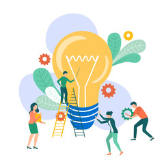 Wall Mural - Partnership and cooperation business concept. People united in common idea with light bulb. Meeting of partners or friends for new idea, creative solution. Colleagues closing deal, discussing startup