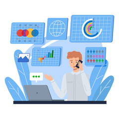 Wall Mural - Young businessman sitting at table talking by phone with business process icons and infographics on background. Charts and diagrams. Manager working at laptop with statistics, financial consultant