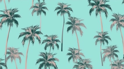  Pastel green summer pattern with fresh, palm leaves and trees. Background for hotel resort banner or advertisement. Copy space. Generative AI