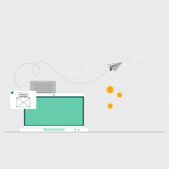 Poster - Email sending, paper envelope on laptop screen and paper airplane. Online chat message notifications with computer, documents, sms communication, virtual discussion, concept of conversation, dialog