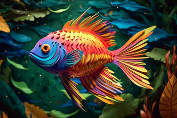 Aufkleber - A colorful paper-cut artwork of a tropical fish swimming in vibrant waters, showcasing the artist's creativity and skill in capturing the beauty of marine life.  Generative AI technology.