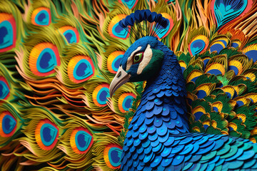 Poster - A intricate paper-cut design of a peacock, with its vibrant feathers meticulously cut and layered to create a stunning visual effect.  Generative AI technology.