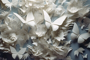 Aufkleber - An intricately designed paper-cut artwork of a swarm of butterflies, with each delicate wing cut with precision to create a sense of movement and grace.  Generative AI technology.