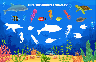 Aufkleber - Find the correct shadow of cartoon sea underwater animals and fish, kids game vector worksheet. Matching puzzle quiz on ocean bottom background with dolphin, sea turtle, jellyfish, squid and stingray