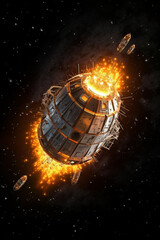 Aufkleber -  Earth's atmosphere, with fiery trails and stars surrounding it, symbolizing the return from a space mission.  Generative AI technology.