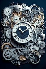 Poster - A captivating paper-cut design of a clock with cutout gears and hands, symbolizing the value of time management and the structured nature of the school day.  Generative AI technology.