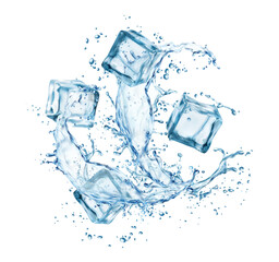 Wall Mural - Frozen ice cubes in water splashes, realistic liquid wave and transparent crystals. Isolated 3d vector refreshing swirl with iced blocks and melting droplets. Cocktail, fresh drink and icy pieces