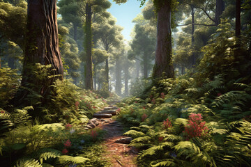 Poster - lush forest, with towering trees and vibrant foliage that appear to extend beyond the canvas, creating a sense of depth and immersion. Generative AI technology.