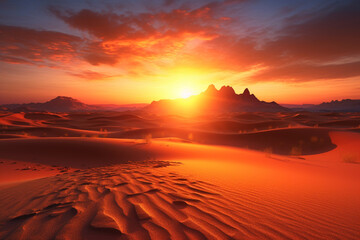 Poster - a vibrant sunset over a vast desert, with shifting sand dunes and warm hues that create a dramatic and immersive visual experienceGenerative AI technology.