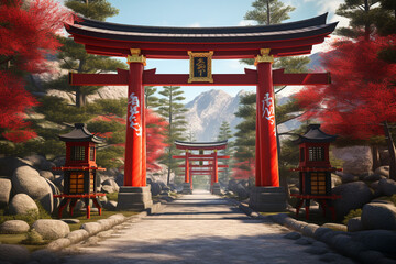 Poster - a torii gate leading to a Shinto shrine, with vibrant red color and intricate details, symbolizing the spiritual traditions and reverence for nature in Japanese culture. Generative AI technology.