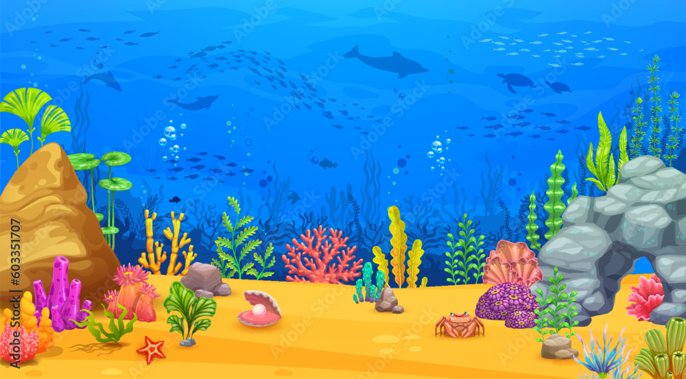 Cartoon underwater sea landscape. Game level vector background of sea ...