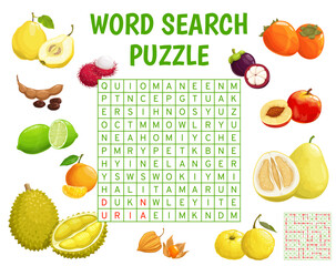 Aufkleber - Cartoon tropical raw fruits. Word search puzzle game worksheet. Vocabulary quiz or game, educational puzzle or riddle with quince, mangosteen and persimmon, yuzu, nectarine and durian, pomelo, lychee