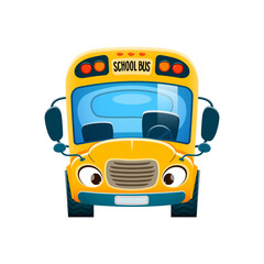 Wall Mural - Cartoon school bus with face, education or back to school funny character, vector cute bus with. Yellow school bus or student transport icon, child kindergarten mascot or education emoji and emoticon