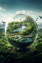 Poster - A digital composition combining elements of nature and technology, highlighting the role of innovation in finding sustainable solutions to global environmental challenges. Generative AI technology.