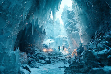 Poster -  frozen ice caves, with intricate formations and translucent walls that create a captivating and otherworldly environment.  Generative AI technology.