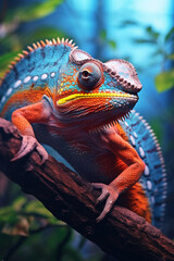 Poster - A close-up image of a colorful chameleon perched on a branch, showcasing its remarkable ability to blend into its surroundings.  Generative AI technology.