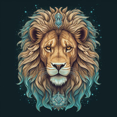 Poster - An artistic illustration of a wise and regal-looking lion, with a majestic mane and piercing gaze, representing strength and leadership.  Generative AI technology.