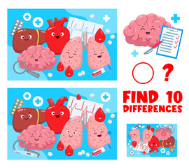 Aufkleber - Find ten differences quiz. Cartoon human body organ characters. Difference search kids game, objects comparing child quiz vector worksheet with liver, brain, heart and lungs happy organs personages