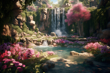 Poster - a cascading waterfall surrounded by lush greenery and blooming flowers, creating a tranquil and serene atmosphere.  Generative AI technology.
