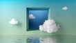 © NeoLeo - 3d render, abstract fantasy surreal background with square window in the blue wall and white clouds flying above the water. Fantasy geometric wallpaper. Dreaming metaphor