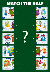 Poster - Match the half of cartoon stationery superhero characters. Piece connect playing activity worksheet, figure fragment search vector puzzle with eraser, microscope, ruler and school bag cute personages