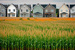 A new subdivision of identical gray houses in the middle of a vibrant field of corn. Generative AI