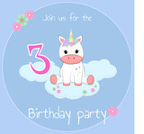 Fototapeta Dinusie - 
Card birthday invitation for party with cute unicorn rainbow, stars, flower, cloud with blue background for 3 year babe