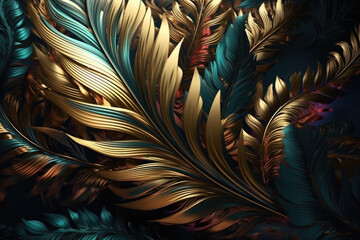 Pattern of golden feathers, leaves illustration background. Wall mural in the interior, textiles, fabric background. Generative AI