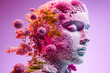 © ADDICTIVE STOCK - Generative AI illustration of calm white person sculpture with closed eyes and bright colorful flowers on head against purple background