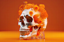 Generative AI Illustration Of White Colored Skull Sculpture Decorated By Orange Blooming Flowers On Orange Background
