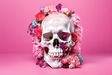 Generative AI Illustration Of White Colored Skull Sculpture Decorated By Colorful Blooming Flowers On Pink Background