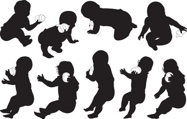 Collection of baby silhouettes drinking from baby bottle isolated on white